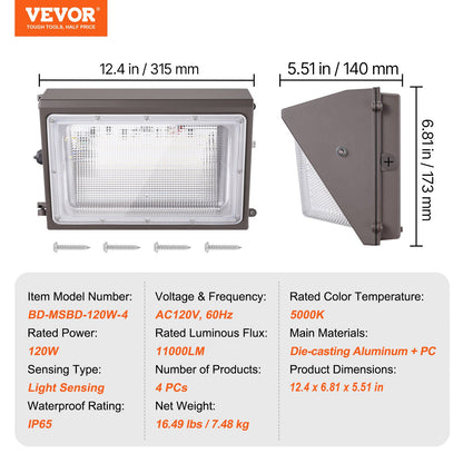 4PCs LED Wall Pack Lights, 120W 11000LM, 5000K Commercial Outdoor Lights Security Lighting Fixture, with Intelligent Light Sensing 240 LED beads Energy Saving for Garages Yards, IP65 Waterproof