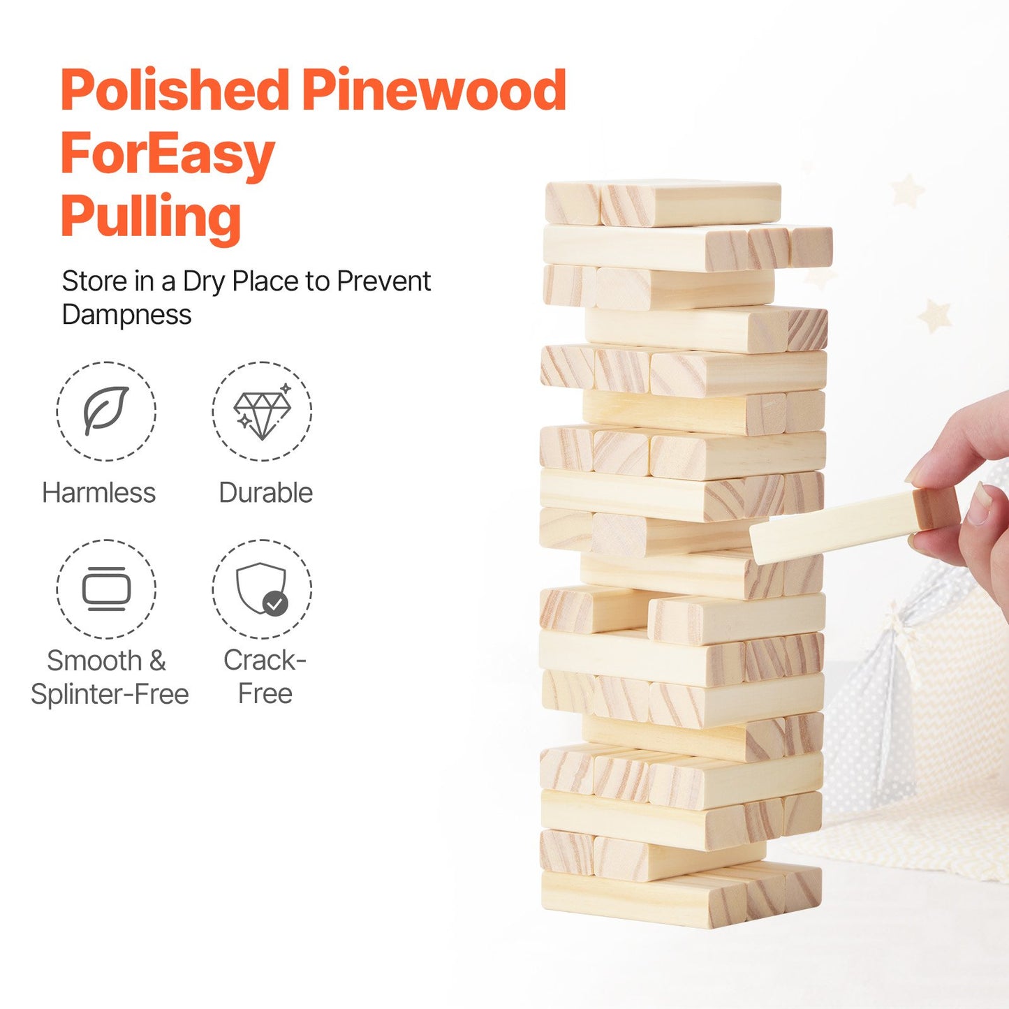 Tumbling Timber Toy, 54 Blocks Tumble Tower Blocks Game, Pine Wood Tumbling Tower Game with Storage Crate, Wooden Stacking Game for 1 or More Players, Tumble Tower Family Game for Indoor/Outdoor
