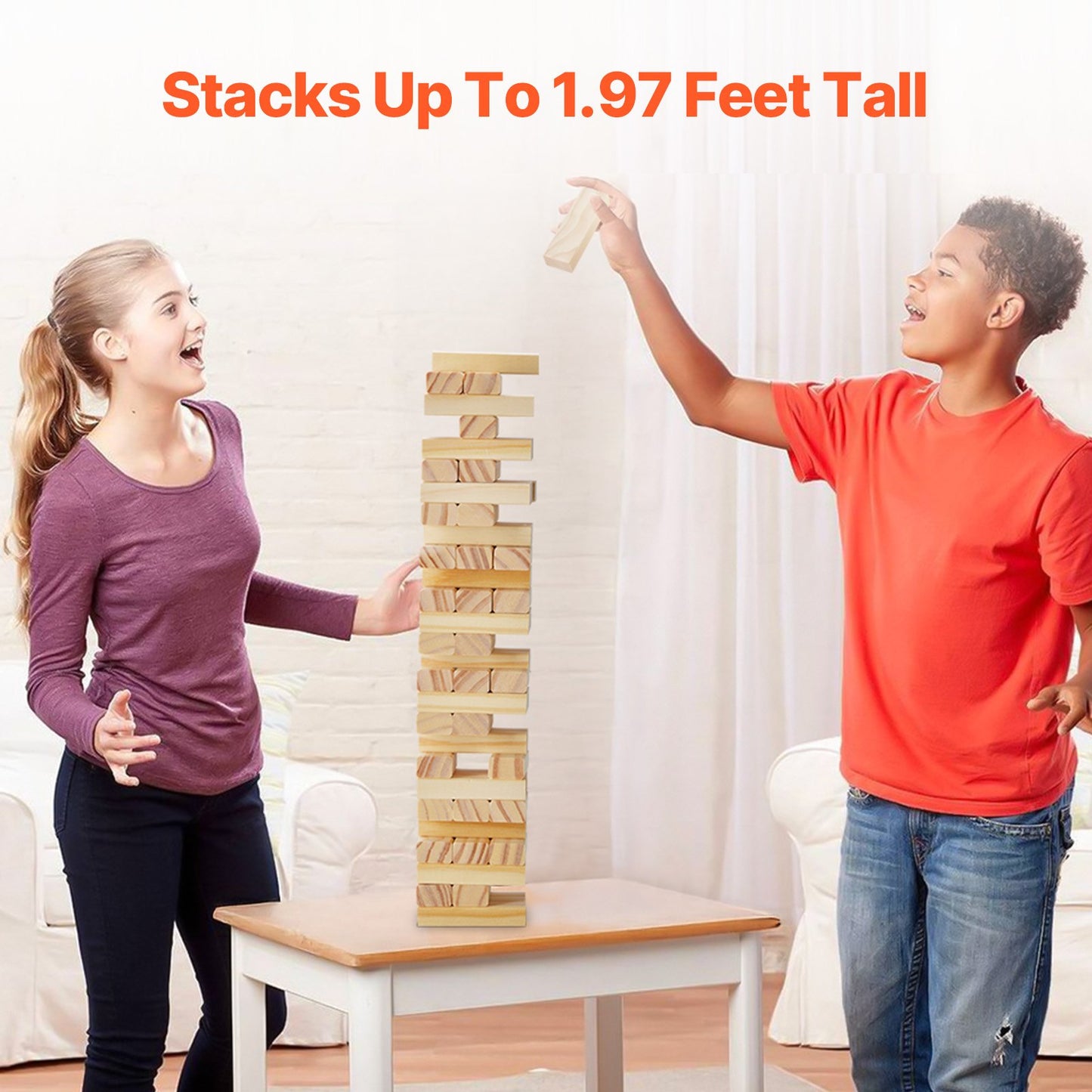 Tumbling Timber Toy, 54 Blocks Tumble Tower Blocks Game, Pine Wood Tumbling Tower Game with Storage Crate, Multiple Ways to Play Wooden Stacking Game, Tumble Tower Family Game for Indoor/Outdoor