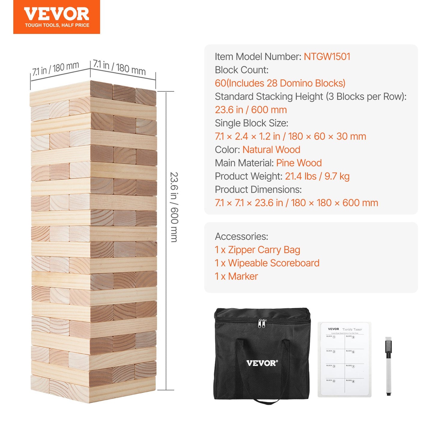 Tumbling Timber Toy, 60 Blocks Giant Tumble Tower Blocks Game, Pine Wood Tumbling Tower Game with Carry Bag and Scoreboard, Wooden Stacking Game, Tumble Tower Family Games for Indoor/Outdoor
