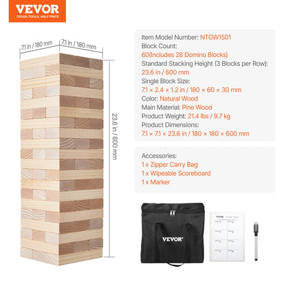 Tumbling Timber Toy, 60 Blocks Giant Tumble Tower Blocks Game, Pine Wood Tumbling Tower Game with Carry Bag and Scoreboard, Wooden Stacking Game, Tumble Tower Family Games for Indoor/Outdoor