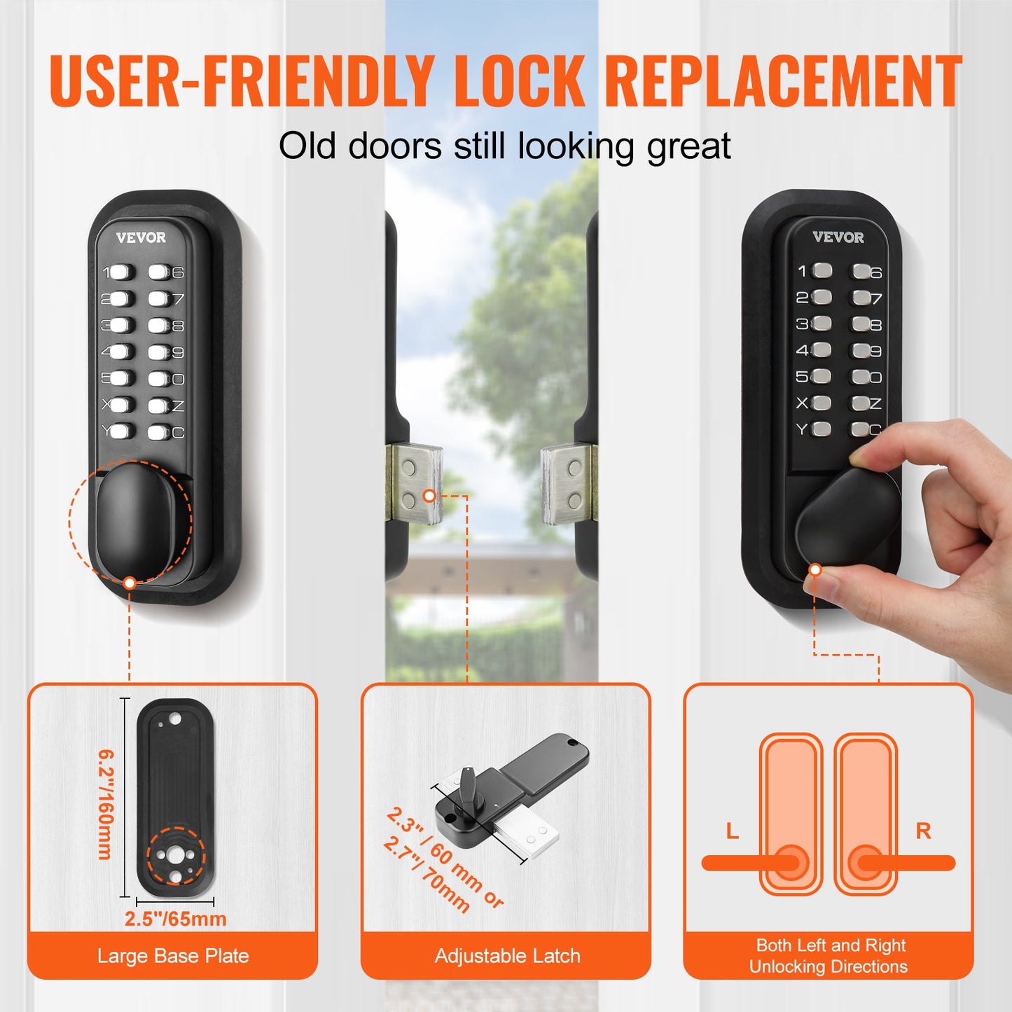 Mechanical Keyless Entry Door Lock, 14 Digit Keypad, Outdoor Gate Door Locks Set with Surface-mounted Latch, Water-proof Zinc Alloy, Keypad and Knob, Easy to Install, for Garden, Garage, Yard