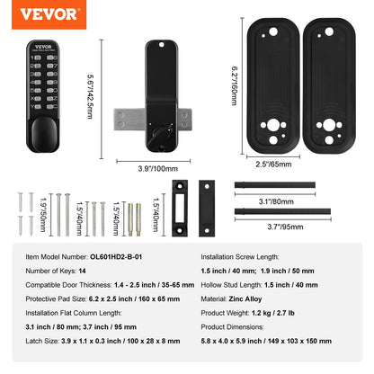 Mechanical Keyless Entry Door Lock, 14 Digit Keypad, Outdoor Gate Door Locks Set with Surface-mounted Latch, Water-proof Zinc Alloy, Keypad and Knob, Easy to Install, for Garden, Garage, Yard