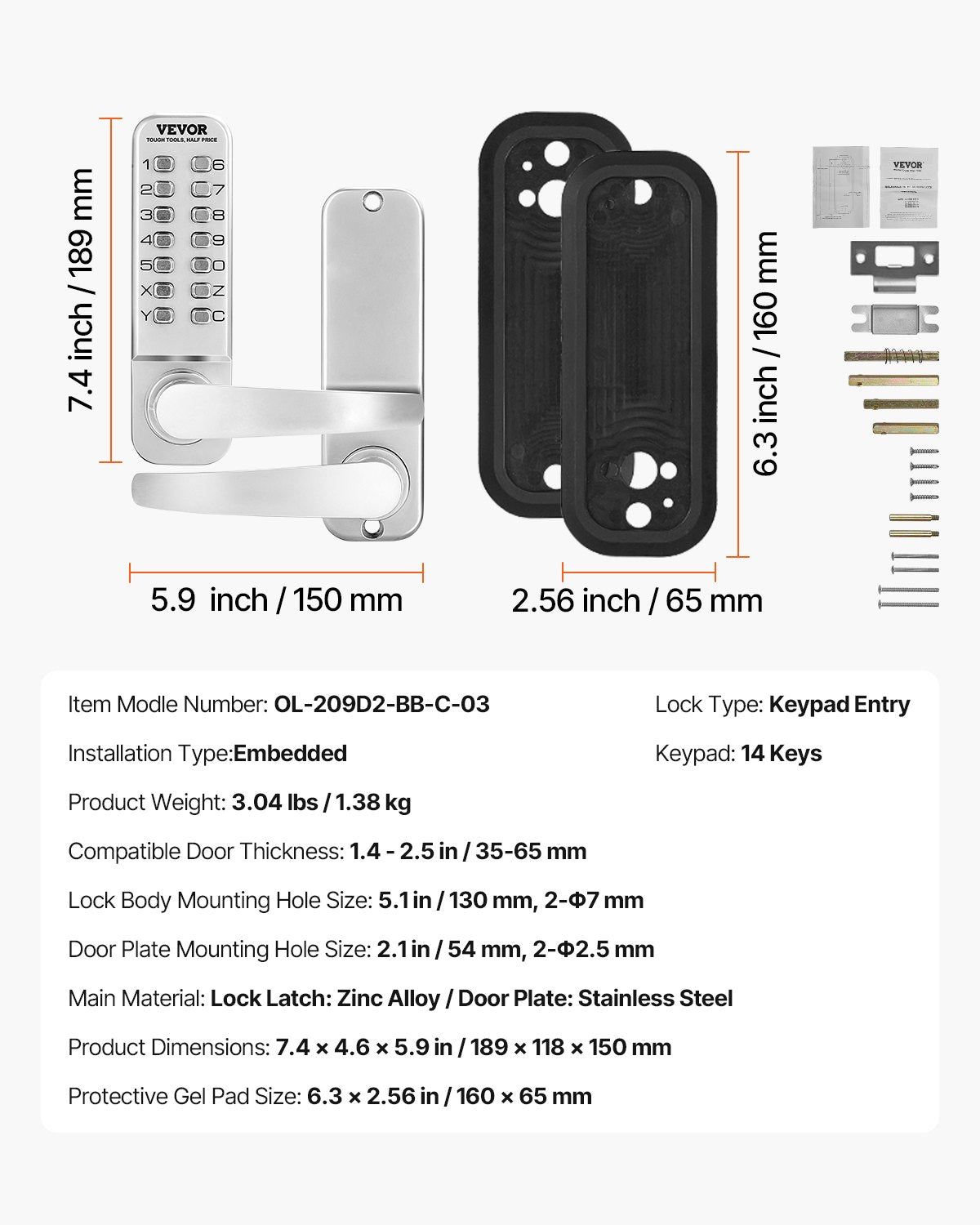 Mechanisches schlüsselloses Türschloss, 14 Schlüssel, mechanisches Türschloss für Zuhause