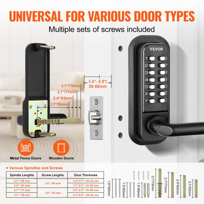 Mechanical Keyless Entry Door Lock, 14-Digit Keypad, Built-in Outdoor Gate Locks with Keypad and Handle, Waterproof Zinc Alloy, Easy to Install, for Garden, Garage, Storage Shed, Yard