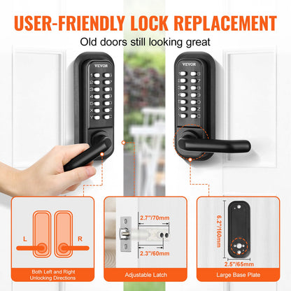 Mechanical Keyless Entry Door Lock, 14-Digit Keypad, Built-in Outdoor Gate Locks with Keypad and Handle, Waterproof Zinc Alloy, Easy to Install, for Garden, Garage, Storage Shed, Yard