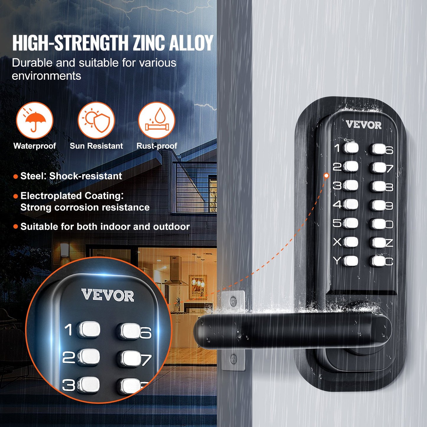Mechanical Keyless Entry Door Lock, 14-Digit Keypad, Built-in Outdoor Gate Locks with Keypad and Handle, Waterproof Zinc Alloy, Easy to Install, for Garden, Garage, Storage Shed, Yard