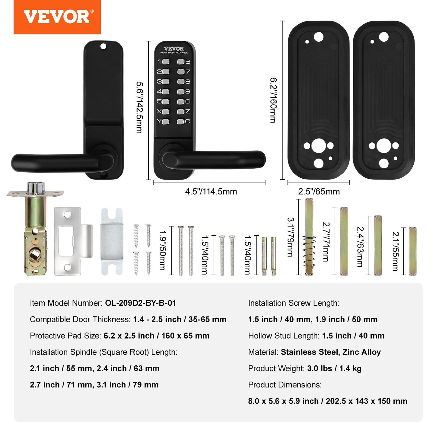 Mechanical Keyless Entry Door Lock, 14-Digit Keypad, Built-in Outdoor Gate Locks with Keypad and Handle, Waterproof Zinc Alloy, Easy to Install, for Garden, Garage, Storage Shed, Yard