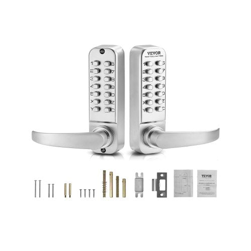 Mechanical Keyless Entry Door Lock, 14 Key Mechanical Door Lock, Mechanical Keypad Door Lock with Handle, Double-Sided Stainless Steel Waterproof Keyless Gate Lock, for Home Office Yard, Sliver