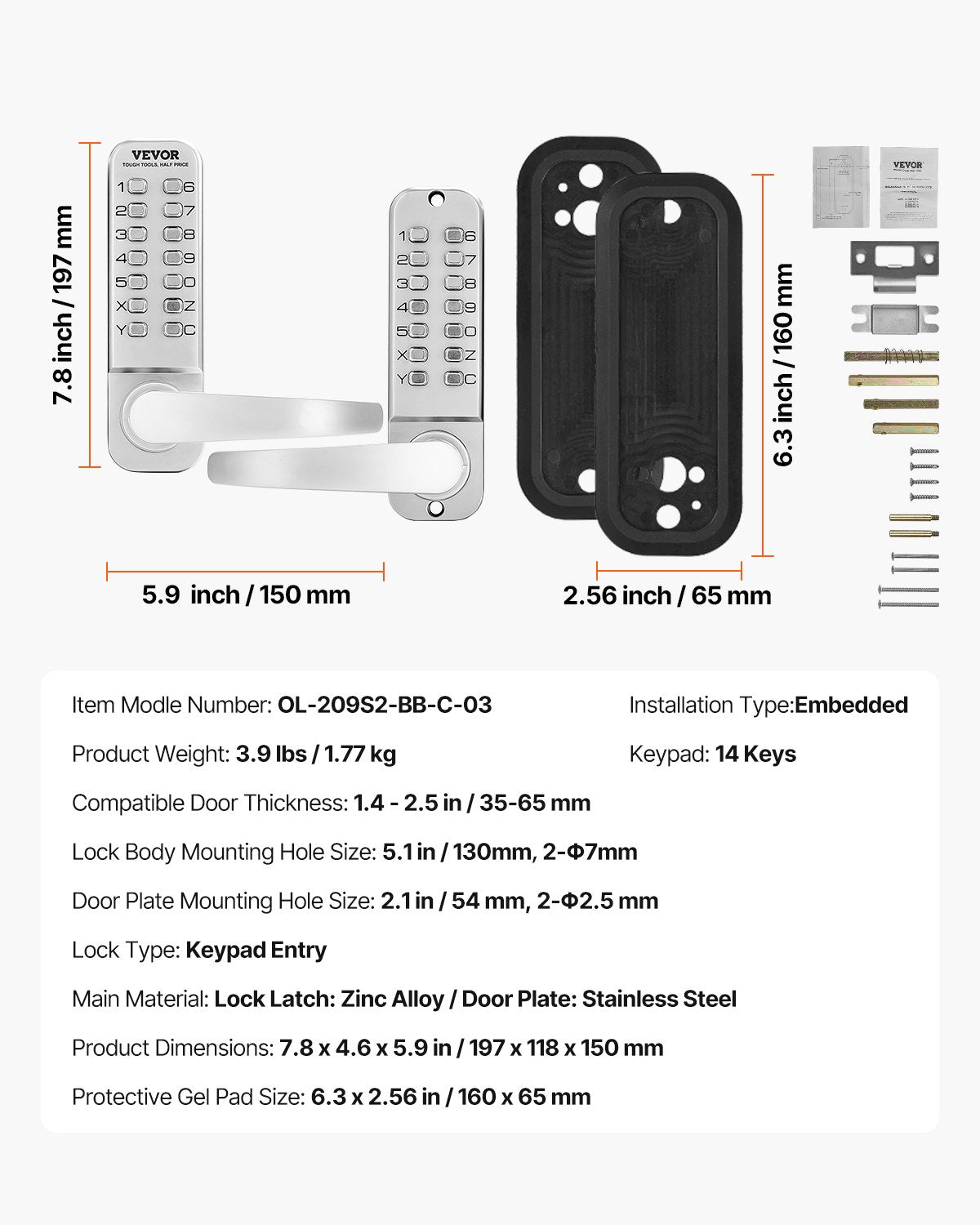 Mechanisches schlüsselloses Türschloss, 14 Schlüssel, mechanisches Tastenschloss, Splitter