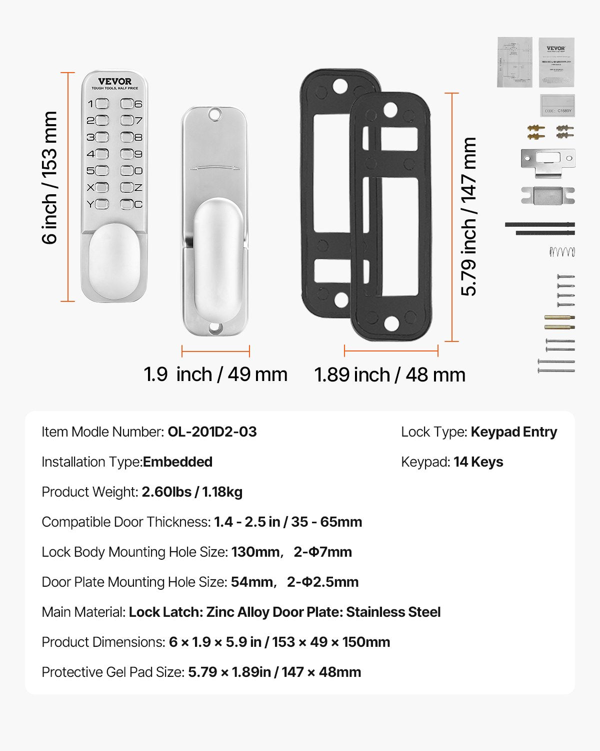 Mechanisches schlüsselloses Türschloss mit 14 Schlüsseln, mechanische Tastatur, Türknauf für Zuhause