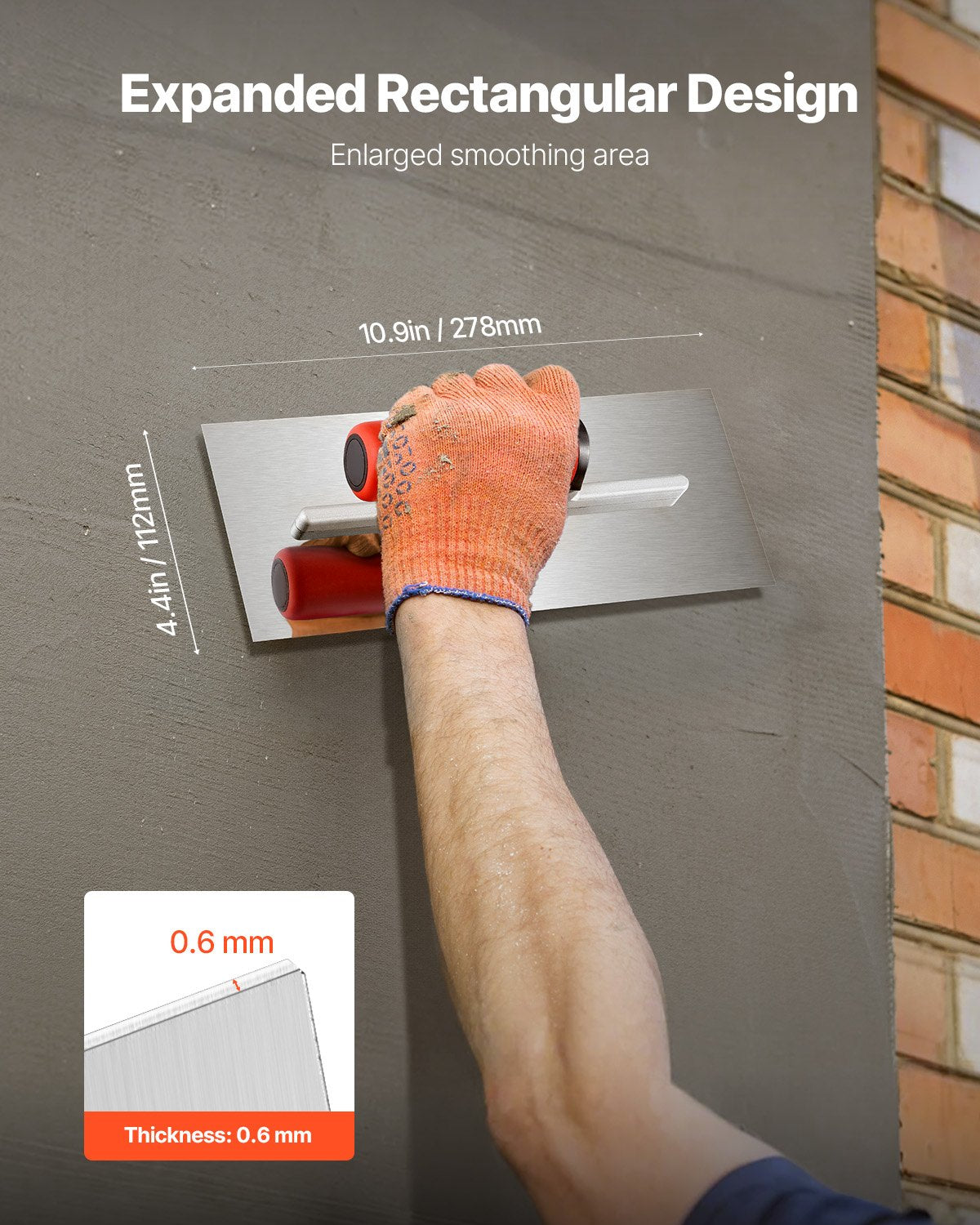 Tile Tools, Stainless Steel Flat Finishing Trowel, 10.9 x 4.4 in Concrete Cement Drywall Plastering Tile Masonry Construction Hand Tools with Handle, for Apply, Spread, Flatten, Smooth, Polish