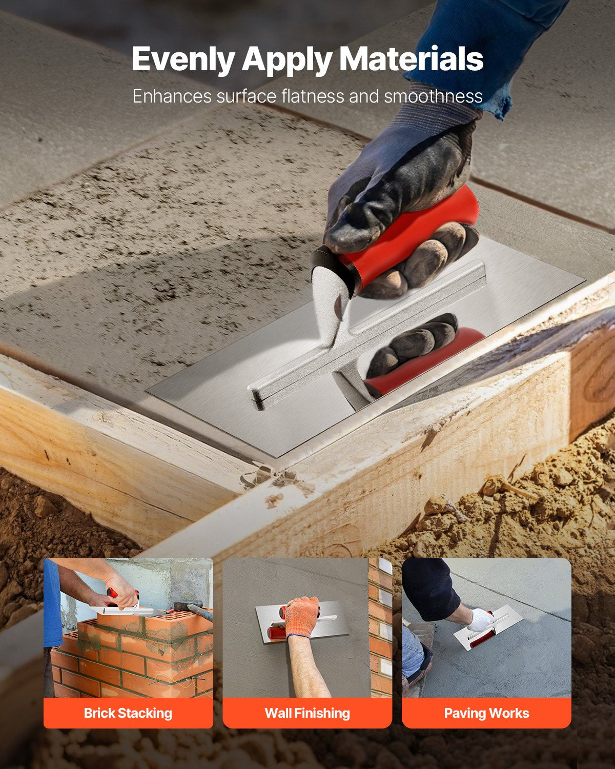 Tile Tools, Stainless Steel Flat Finishing Trowel, 10.9 x 4.4 in Concrete Cement Drywall Plastering Tile Masonry Construction Hand Tools with Handle, for Apply, Spread, Flatten, Smooth, Polish