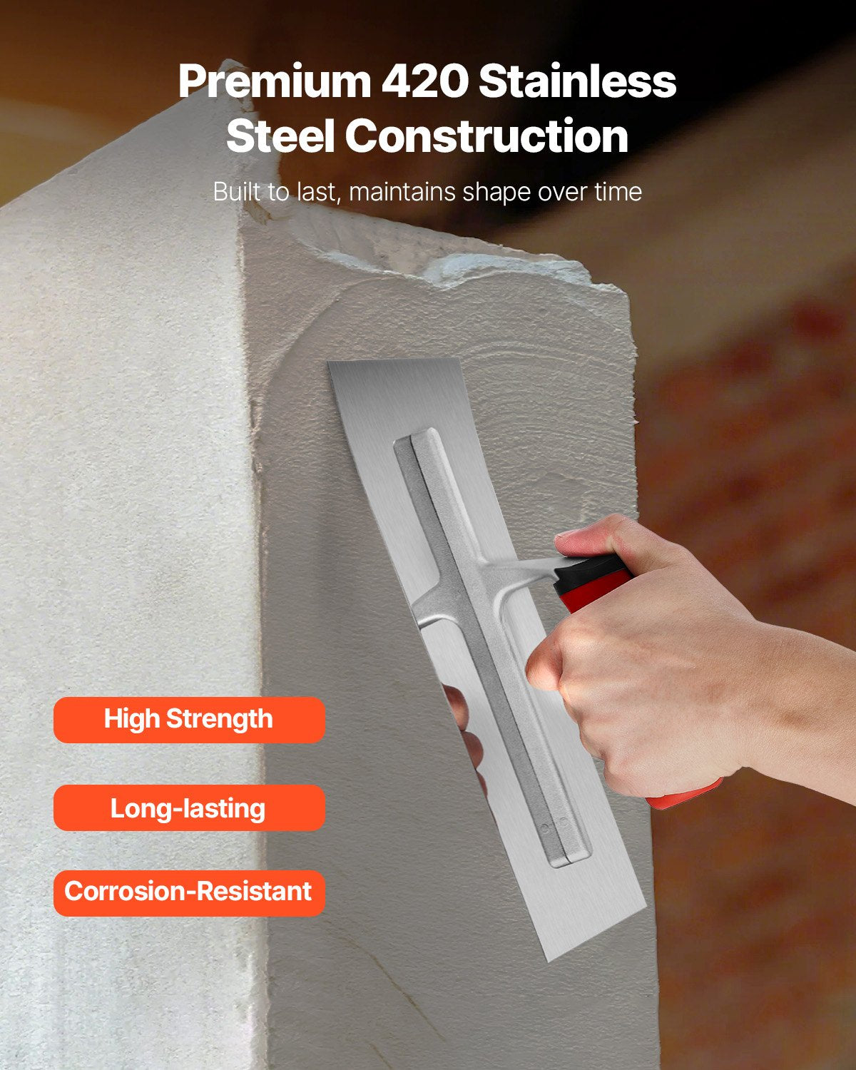 Tile Tools, Stainless Steel Flat Finishing Trowel, 10.9 x 4.4 in Concrete Cement Drywall Plastering Tile Masonry Construction Hand Tools with Handle, for Apply, Spread, Flatten, Smooth, Polish