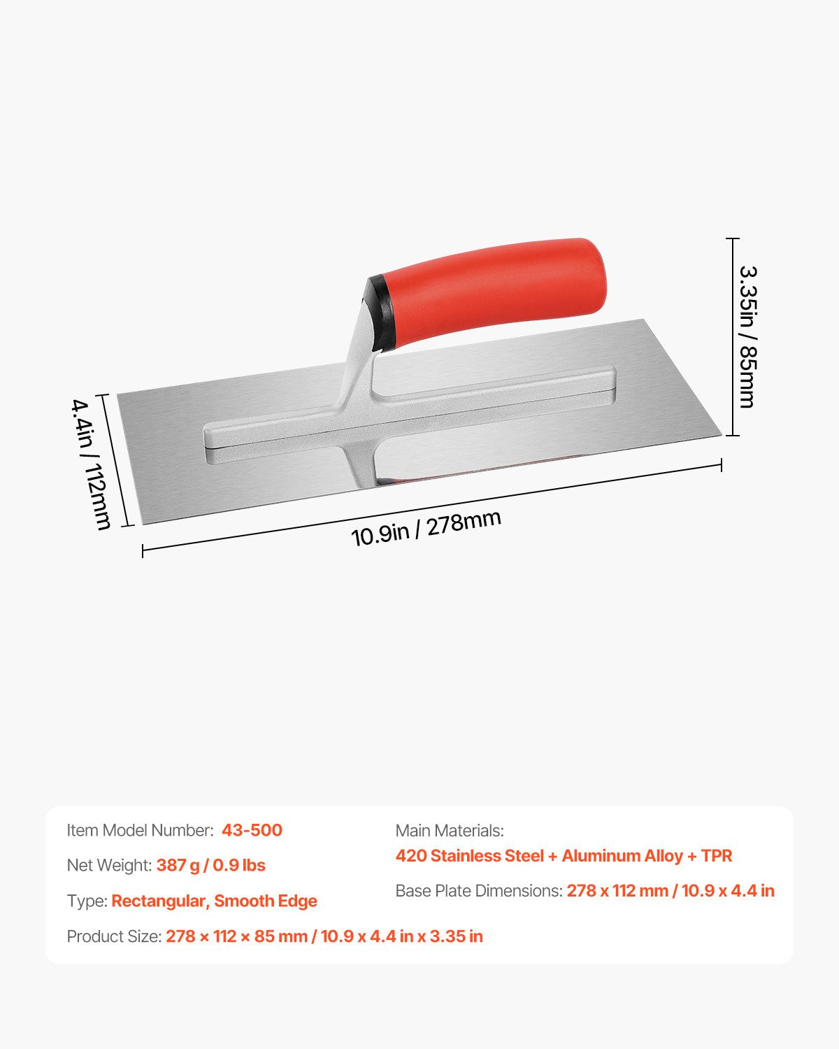Tile Tools, Stainless Steel Flat Finishing Trowel, 10.9 x 4.4 in Concrete Cement Drywall Plastering Tile Masonry Construction Hand Tools with Handle, for Apply, Spread, Flatten, Smooth, Polish