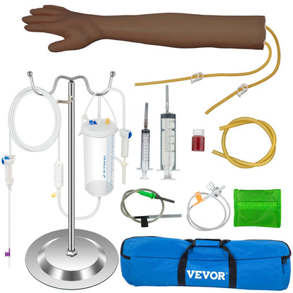 Intravenöses Trainingsarm-Set mit dunklem Haut-Phlebotomie-Arm aus PVC-Material. Phlebotomie-Trainingsarm mit höhenverstellbarem Infusionsständer. IV-Trainingsarm-Set für das Venenpunktionstraining