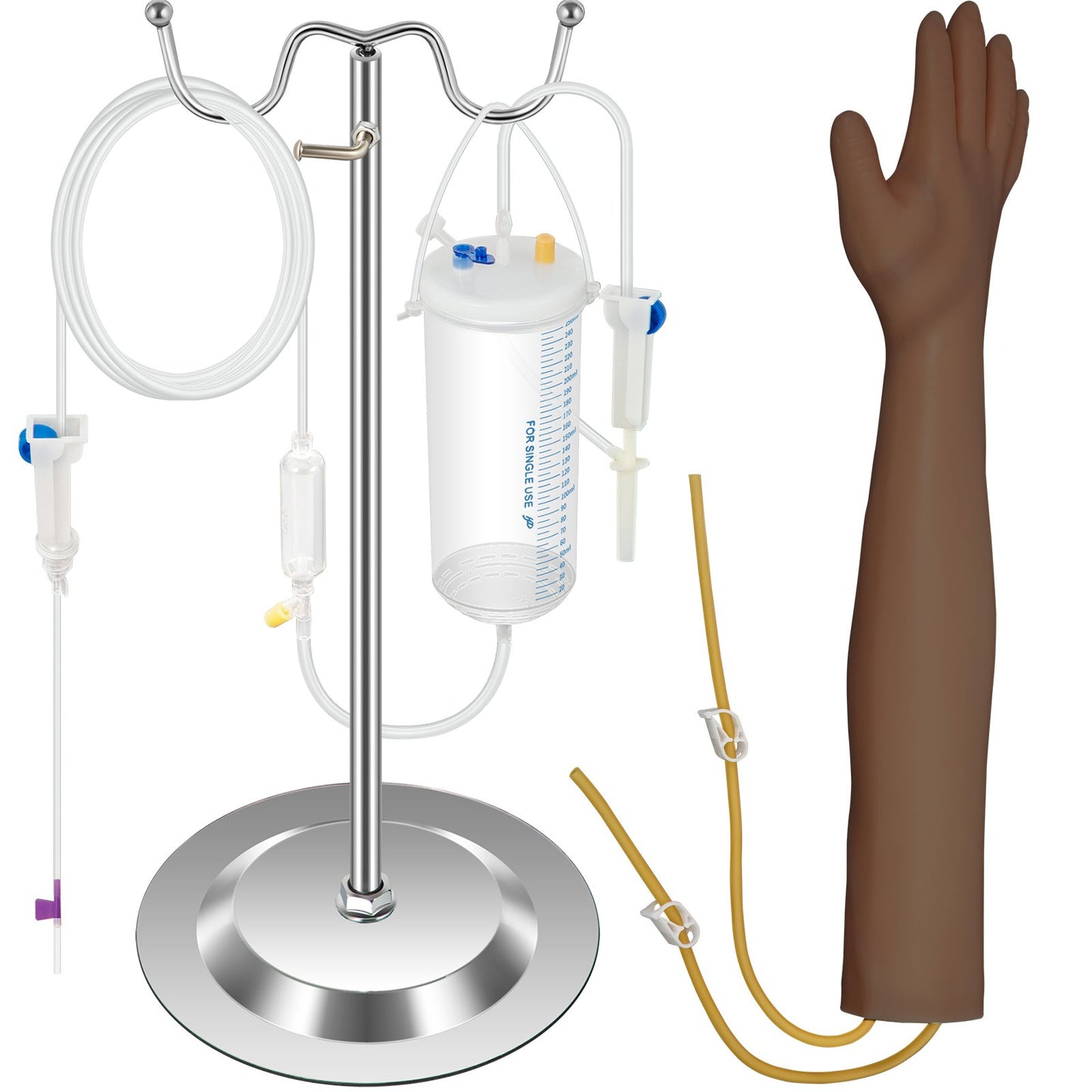 Intravenöses Trainingsarm-Set mit dunklem Haut-Phlebotomie-Arm aus PVC-Material. Phlebotomie-Trainingsarm mit höhenverstellbarem Infusionsständer. IV-Trainingsarm-Set für das Venenpunktionstraining