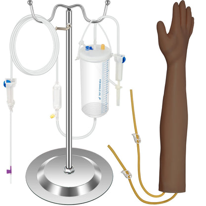 Intravenöses Trainingsarm-Set mit dunklem Haut-Phlebotomie-Arm aus PVC-Material. Phlebotomie-Trainingsarm mit höhenverstellbarem Infusionsständer. IV-Trainingsarm-Set für das Venenpunktionstraining