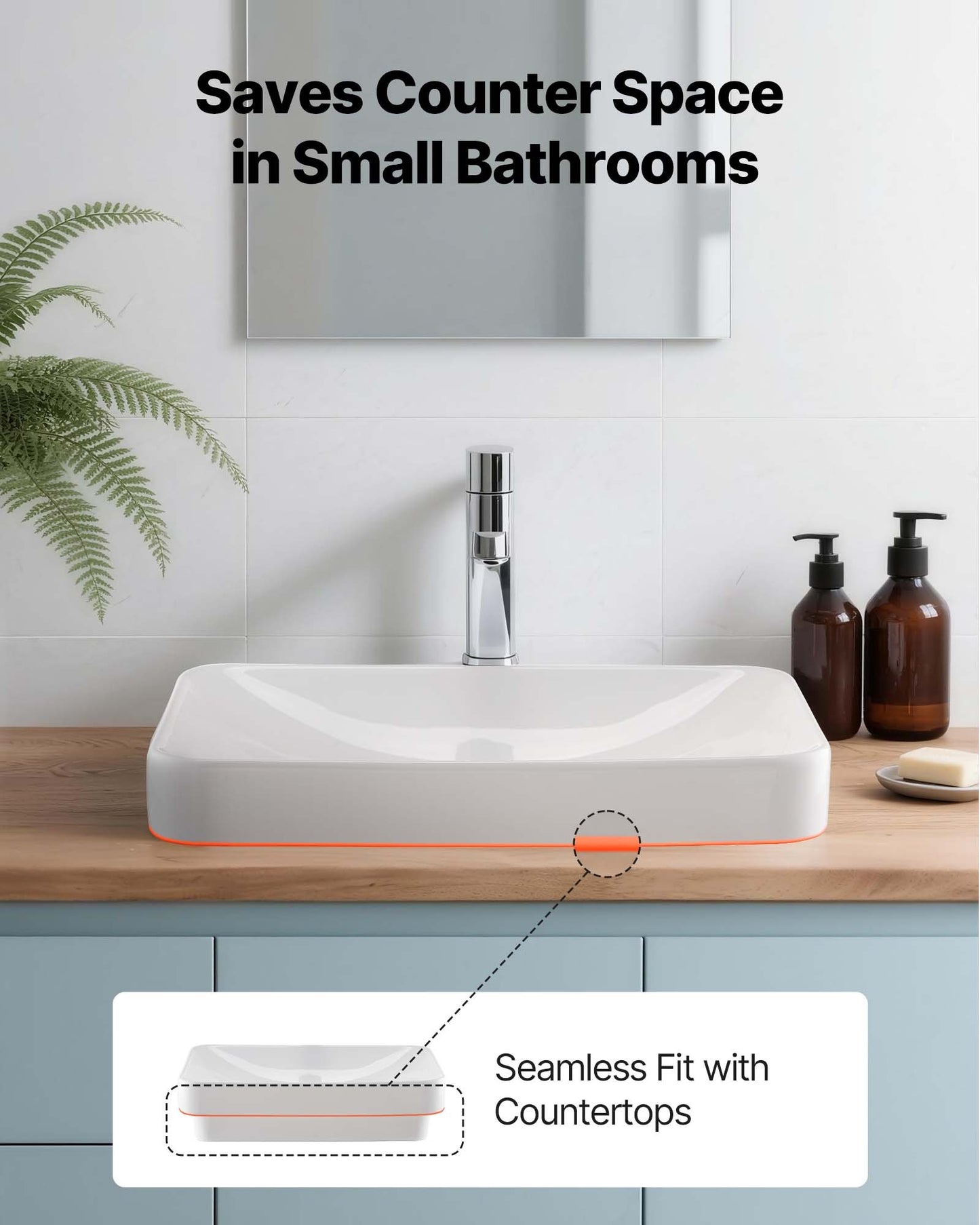 Semi Recessed Bathroom Sink, 19.29 x 12.01 Inch Rectangular White Ceramic Vessel Sink with 1-3/4 Inch Drain Hole, Drop in Modern Lavatory Vanity Bath Wash Bowl Basin, Rectangle for Small Space