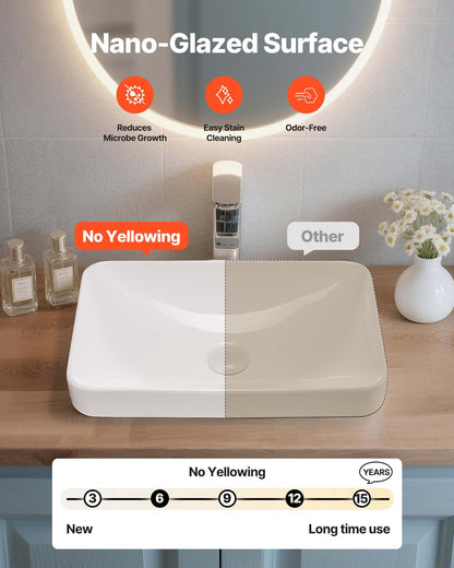 Semi Recessed Bathroom Sink, 19.29 x 12.01 Inch Rectangular White Ceramic Vessel Sink with 1-3/4 Inch Drain Hole, Drop in Modern Lavatory Vanity Bath Wash Bowl Basin, Rectangle for Small Space