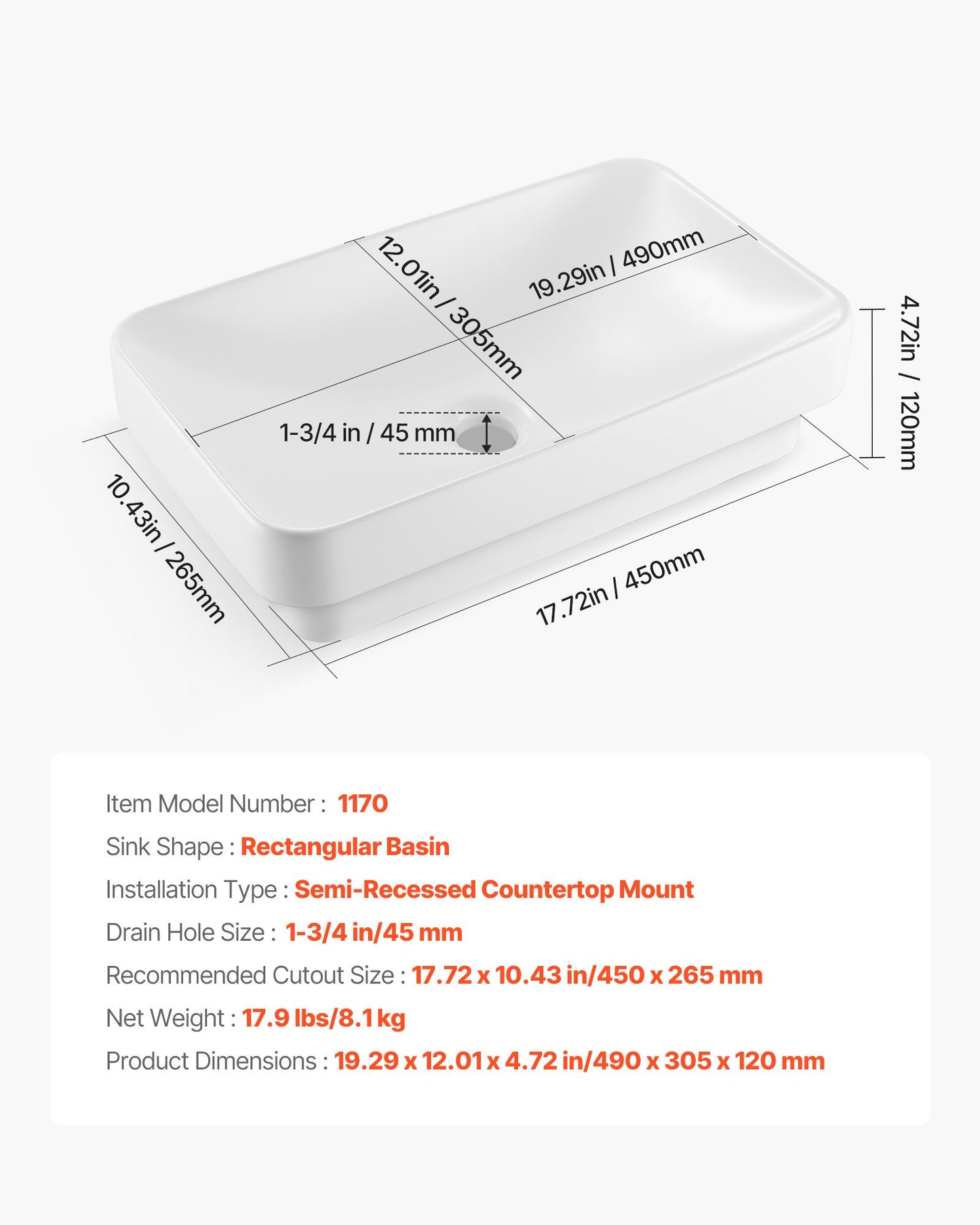 Semi Recessed Bathroom Sink, 19.29 x 12.01 Inch Rectangular White Ceramic Vessel Sink with 1-3/4 Inch Drain Hole, Drop in Modern Lavatory Vanity Bath Wash Bowl Basin, Rectangle for Small Space