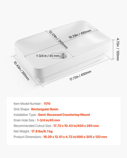 Semi Recessed Bathroom Sink, 19.29 x 12.01 Inch Rectangular White Ceramic Vessel Sink with 1-3/4 Inch Drain Hole, Drop in Modern Lavatory Vanity Bath Wash Bowl Basin, Rectangle for Small Space