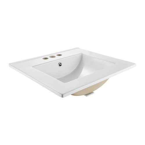 Semi Recessed Bathroom Sink, 20.08 x 18.31 Inch Rectangular White Ceramic Vessel Sink with Overflow and 3 Faucet Holes, Drop in Modern Lavatory Vanity Bath Wash Bowl Basin Rectangle Small Space