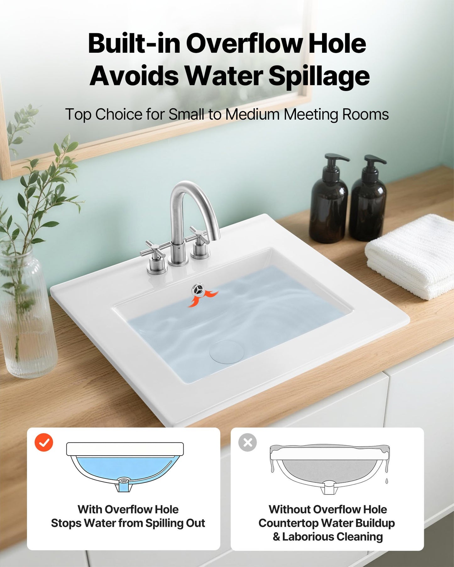 Semi Recessed Bathroom Sink, 20.08 x 18.31 Inch Rectangular White Ceramic Vessel Sink with Overflow and 3 Faucet Holes, Drop in Modern Lavatory Vanity Bath Wash Bowl Basin Rectangle Small Space