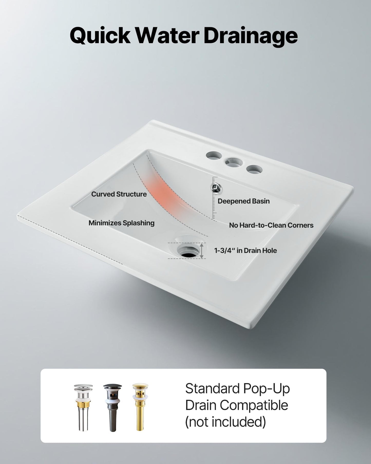Semi Recessed Bathroom Sink, 20.08 x 18.31 Inch Rectangular White Ceramic Vessel Sink with Overflow and 3 Faucet Holes, Drop in Modern Lavatory Vanity Bath Wash Bowl Basin Rectangle Small Space