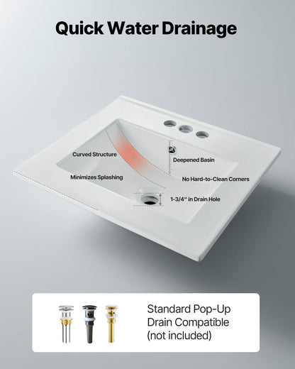 Semi Recessed Bathroom Sink, 20.08 x 18.31 Inch Rectangular White Ceramic Vessel Sink with Overflow and 3 Faucet Holes, Drop in Modern Lavatory Vanity Bath Wash Bowl Basin Rectangle Small Space