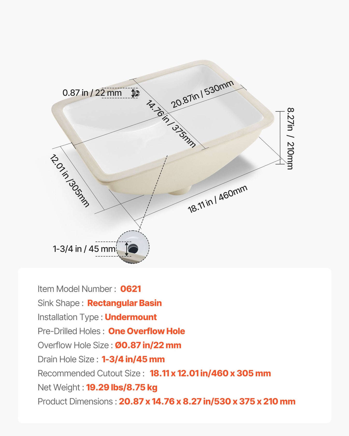 Undermount Bathroom Sink, 20.87 x 14.76 Inch Rectangular White Ceramic Vessel Sink with Overflow Hole, Under Counter Drop in Modern Lavatory Vanity Bath Wash Bowl Basin, Rectangle Small Space