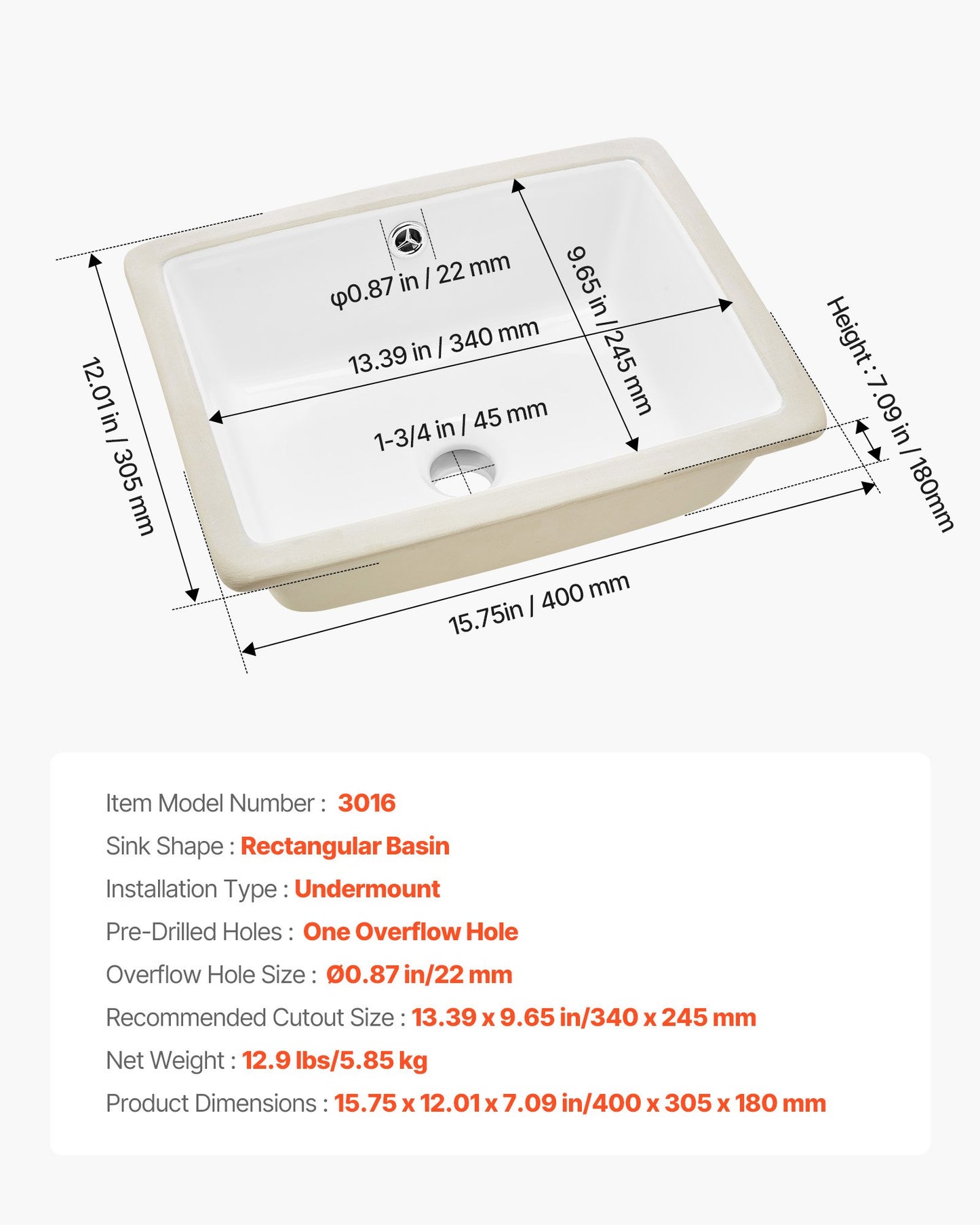 Undermount Bathroom Sink, 15.75 x 12.01 Inch Rectangular White Ceramic Vessel Sink with Overflow Hole, Under Counter Drop in Modern Lavatory Vanity Bath Wash Bowl Basin, Rectangle Small Space