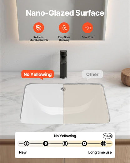 Undermount Bathroom Sink, 20.28 x 15.16 Inch Rectangular White Ceramic Vessel Sink with Overflow Hole, Under Counter Drop in Modern Lavatory Vanity Bath Wash Bowl Basin, Rectangle Small Space