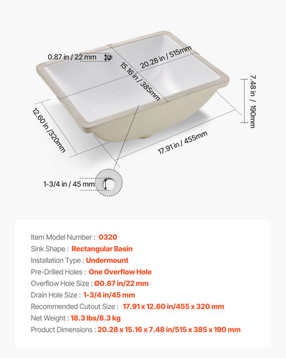 Undermount Bathroom Sink, 20.28 x 15.16 Inch Rectangular White Ceramic Vessel Sink with Overflow Hole, Under Counter Drop in Modern Lavatory Vanity Bath Wash Bowl Basin, Rectangle Small Space