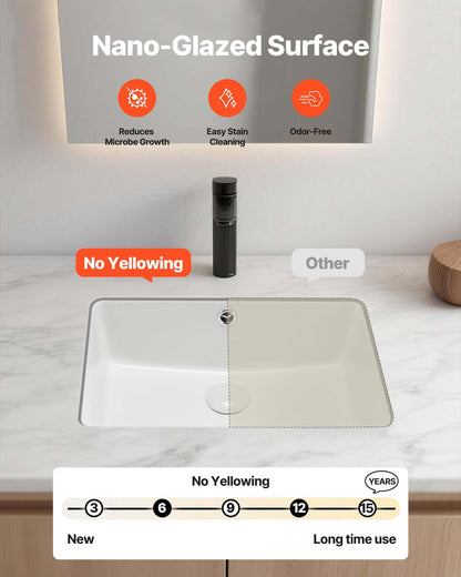 Undermount Bathroom Sink, 18.5 x 13.19 Inch Rectangular White Ceramic Vessel Sink with Overflow Hole, Under Counter Drop in Modern Lavatory Vanity Bath Wash Bowl Basin, Rectangle Small Space