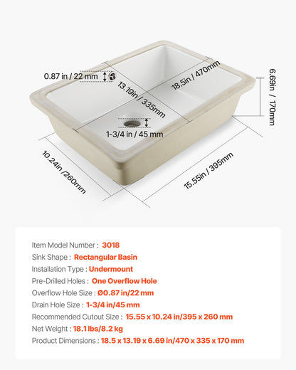 Undermount Bathroom Sink, 18.5 x 13.19 Inch Rectangular White Ceramic Vessel Sink with Overflow Hole, Under Counter Drop in Modern Lavatory Vanity Bath Wash Bowl Basin, Rectangle Small Space