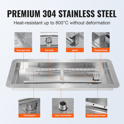 24 x 8 inch Drop-in Fire Pit Pan, Rectangular Stainless Steel Fire Pit Burner Kit, Propane Gas Fire Pan 120,000 BTU with H-Burner for Indoor or Outdoor Use