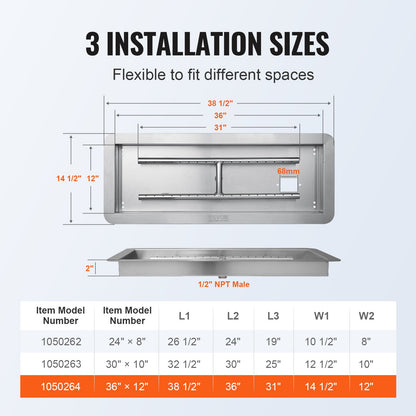 36 x 12 inch Drop-in Fire Pit Pan, Rectangular Stainless Steel Fire Pit Burner Kit, Natural & Propane Gas Fire Pan 150,000 BTU with H-Burner for Indoor or Outdoor Use