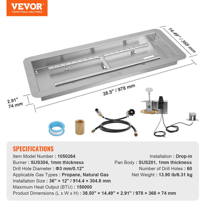 36 x 12 inch Drop-in Fire Pit Pan, Rectangular Stainless Steel Fire Pit Burner Kit, Natural & Propane Gas Fire Pan 150,000 BTU with H-Burner for Indoor or Outdoor Use