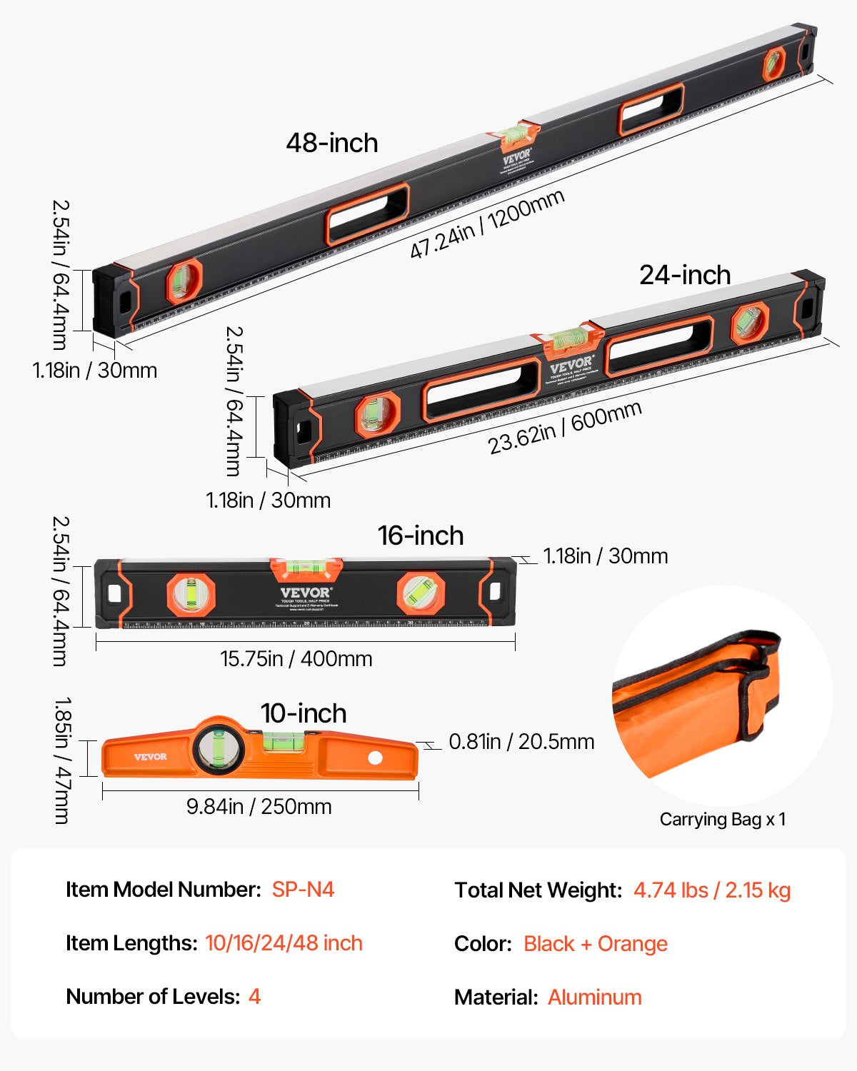 4-piece torpedo level 48/24/16/10 in aluminum alloy body with bubble bottles