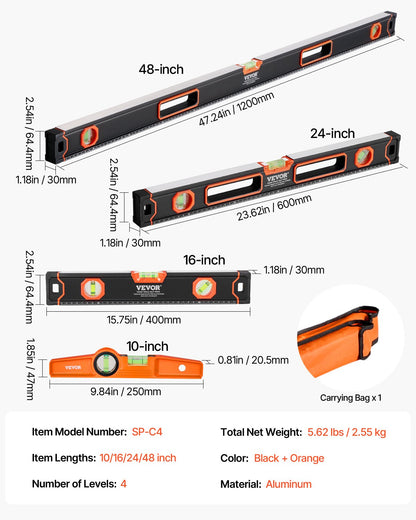 4-piece magnetic torpedo level 48/24/16/10 Inbox Leveler with bubble bottle