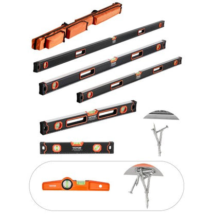 6-Piece Torpedo Level, 78/48/32/24/16/10 Inch Box Levels Set, Bubble Vials Ruler for 45/90/180 Degree, Shock-Proof Aluminum Alloy Magnetic Leveler Tool, SAE/Metric Scale(Only 10-inch has magnet)