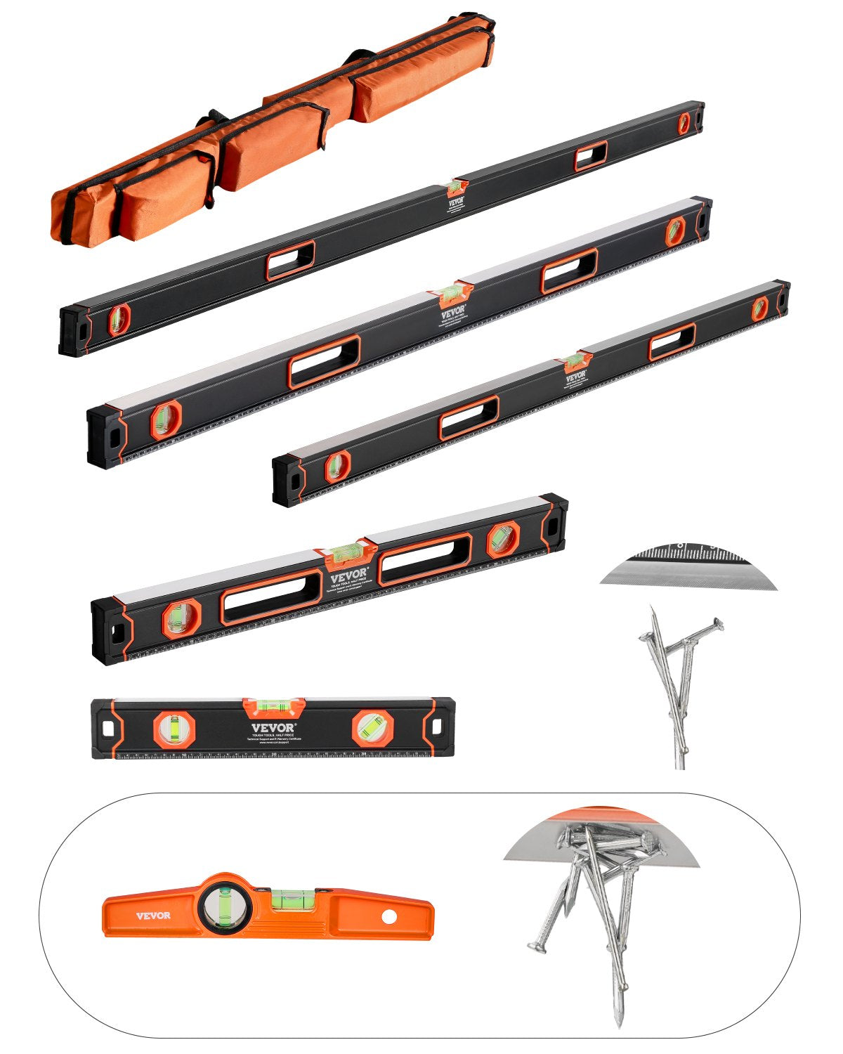 6-piece torpedo level 78/48/32/24/16/10 inch box levels with bubble bottles