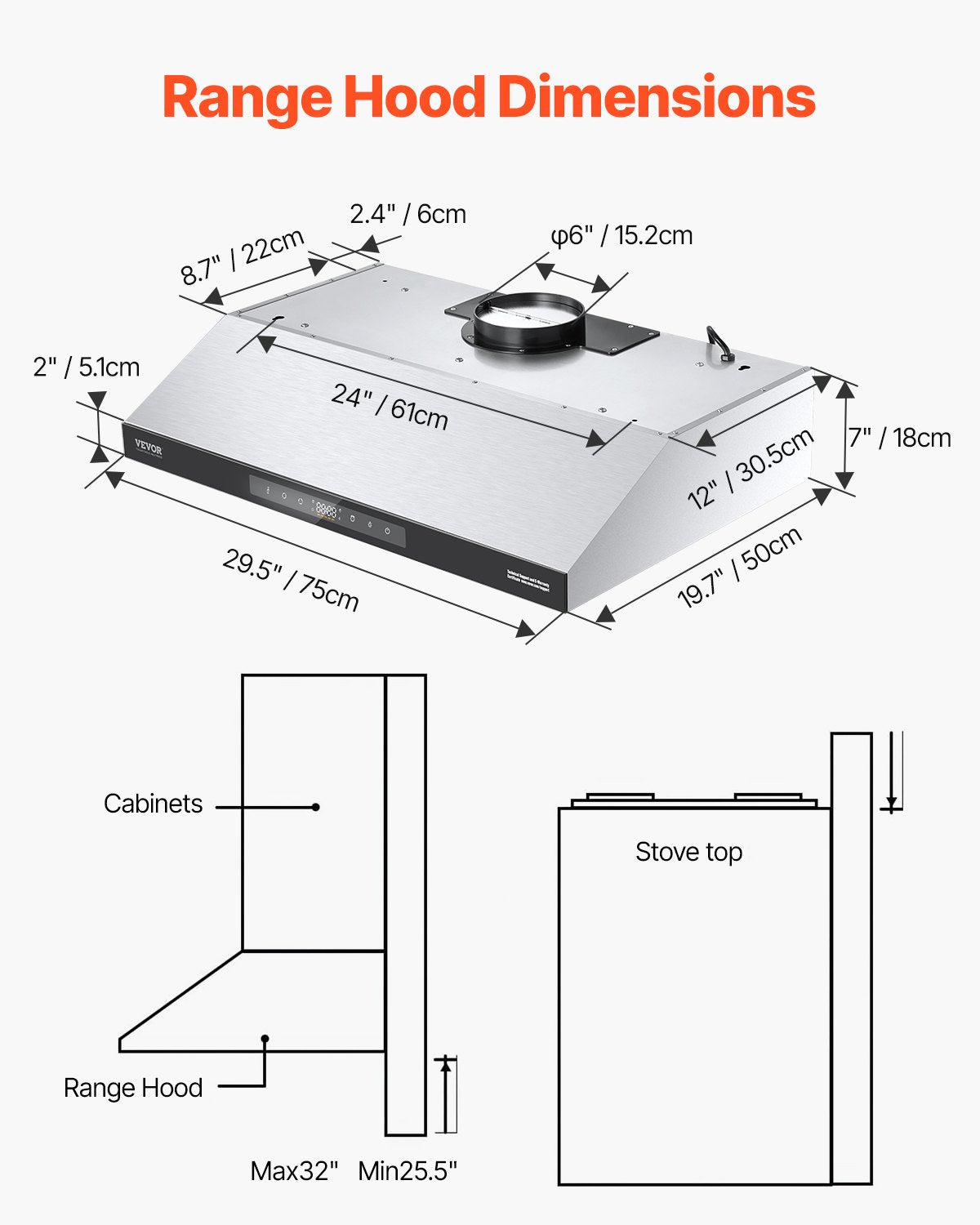 Under Cabinet Range Hood, 30 Inch Kitchen Vent Hood, 900CFM Dual Motors Stainless Steel Stove Hood, with Gesture & Touch Control, LED Light, and 4-Speed Exhaust Fan