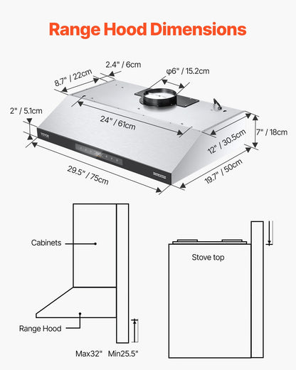 Under Cabinet Range Hood, 30 Inch Kitchen Vent Hood, 900CFM Dual Motors Stainless Steel Stove Hood, with Gesture & Touch Control, LED Light, and 4-Speed Exhaust Fan
