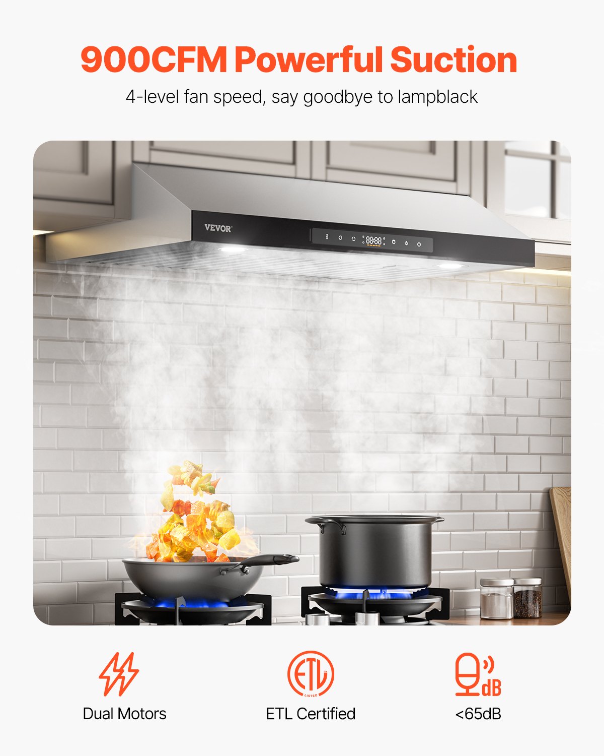 Under Cabinet Range Hood, 36 Inch Kitchen Vent Hood, 900CFM Dual Motors Stainless Steel Stove Hood, with Gesture & Touch Control, LED Light, and 4-Speed Exhaust Fan