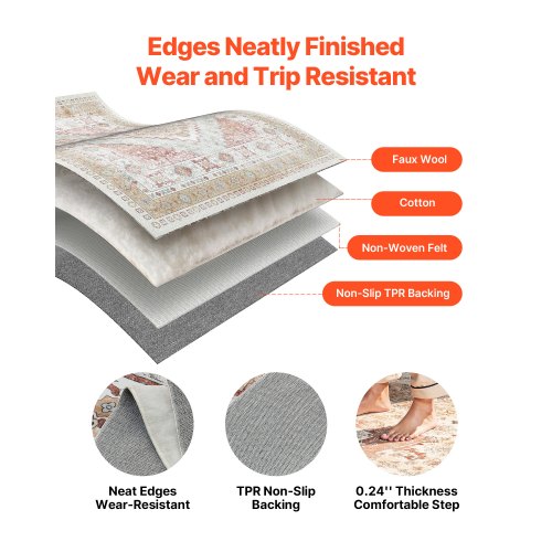 Stor yta 2,4 x 3,6 m Halkfri inomhusmatta Vintage Brun Röd