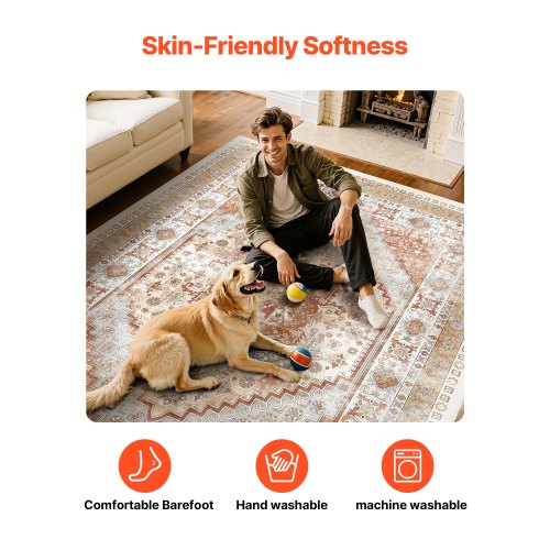 Stor yta 2,4 x 3,6 m Halkfri inomhusmatta Vintage Brun Röd