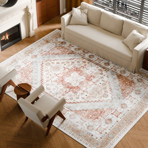 Stor yta 2,4 x 3,6 m Halkfri inomhusmatta Vintage Brun Röd