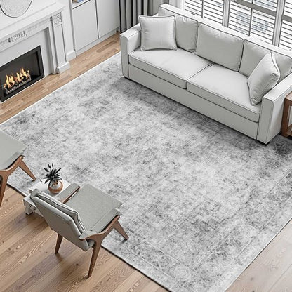 Area Rug, 9 x 12 ft Large Washable Boho Rug, Non-Slip and Tear-Resistant Soft Carpet, Pet & Child Friendly Bohemian Area Rugs, Indoor Mat for Bedroom, Living Room, Kids Room, Office, Gray